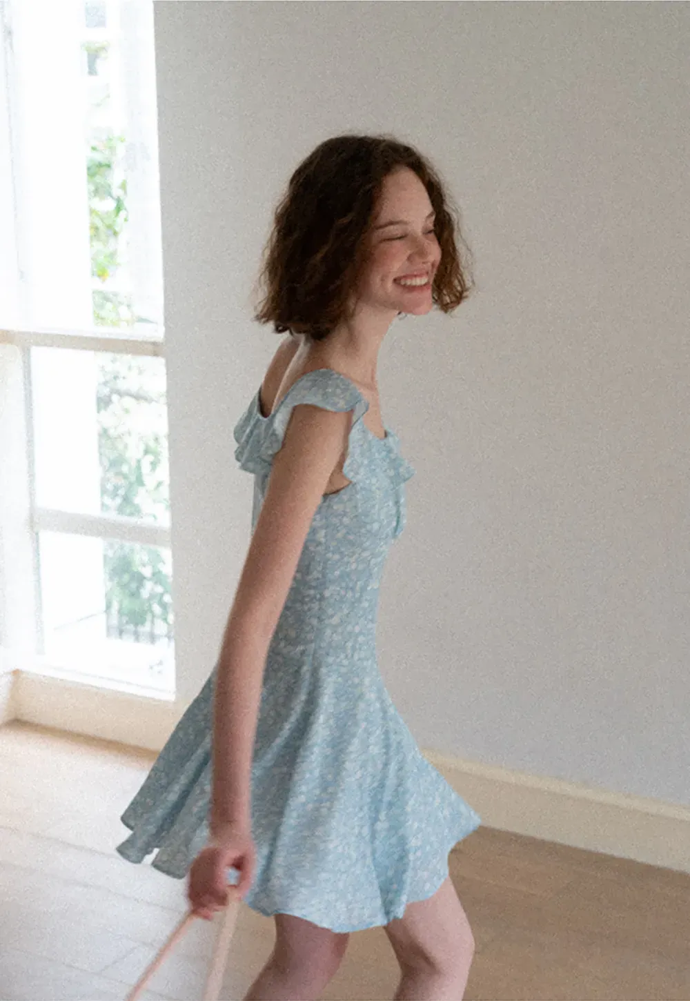 Floral Print Square Neck Ruffled Sleeve A Line Dress