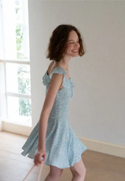 Floral Print Square Neck Ruffled Sleeve A Line Dress