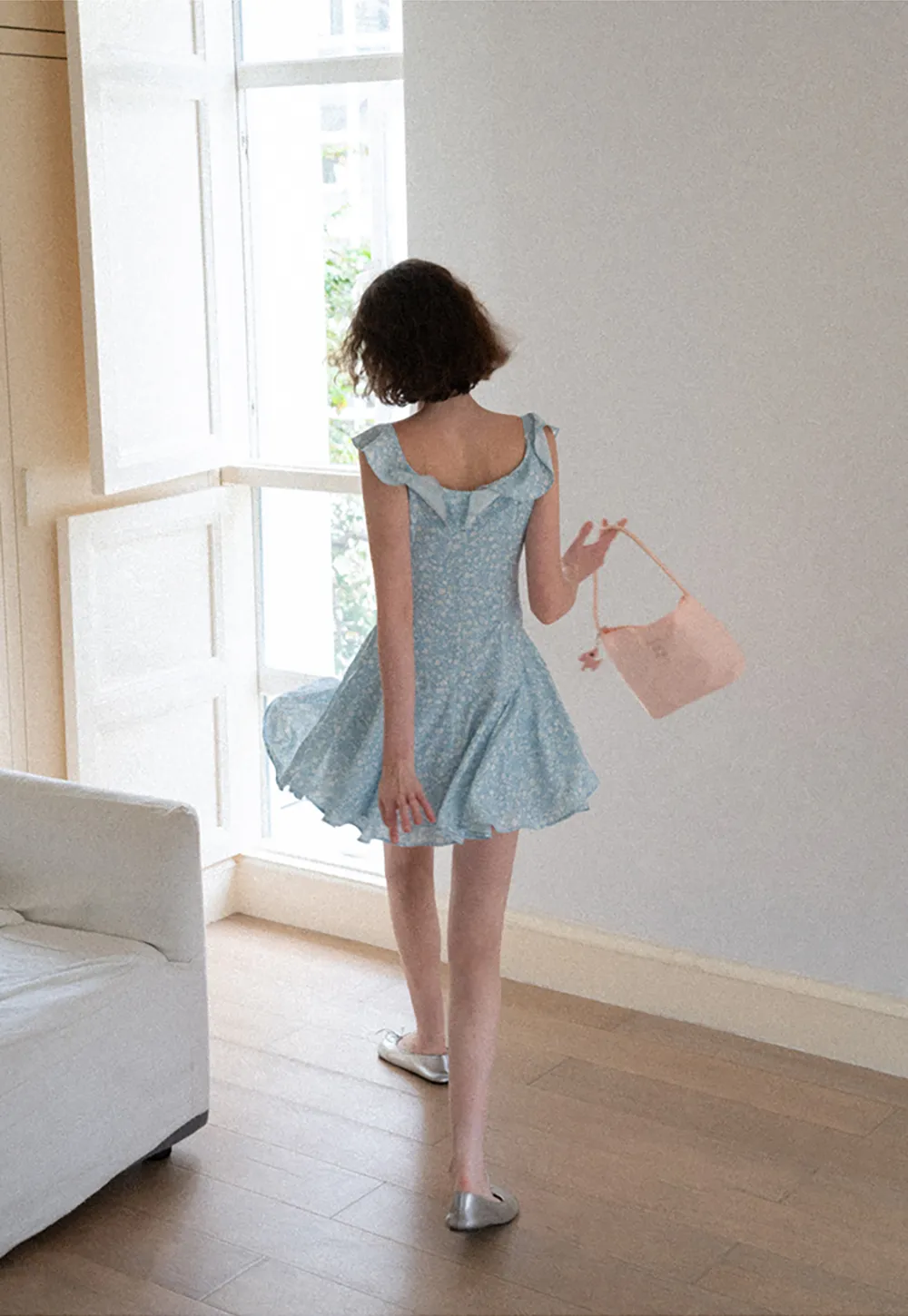 Floral Print Square Neck Ruffled Sleeve A Line Dress