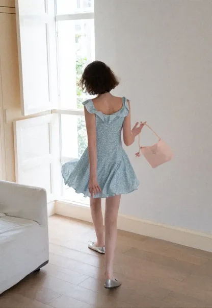 Floral Print Square Neck Ruffled Sleeve A Line Dress