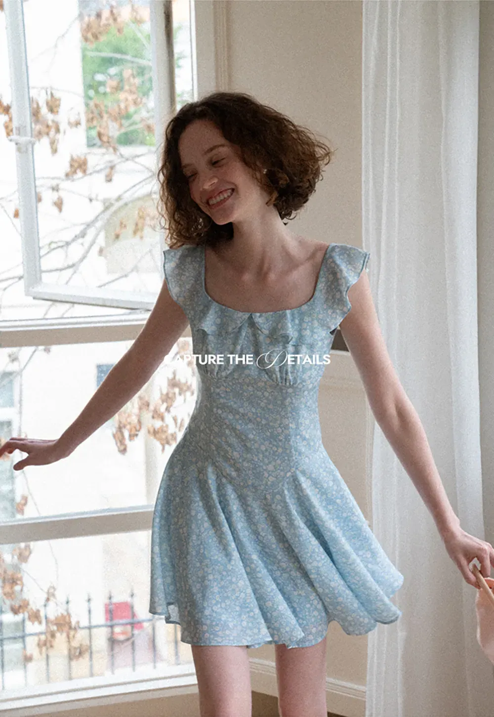 Floral Print Square Neck Ruffled Sleeve A Line Dress