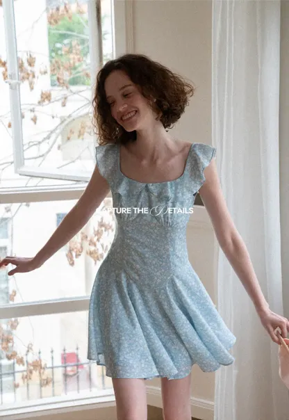 Floral Print Square Neck Ruffled Sleeve A Line Dress