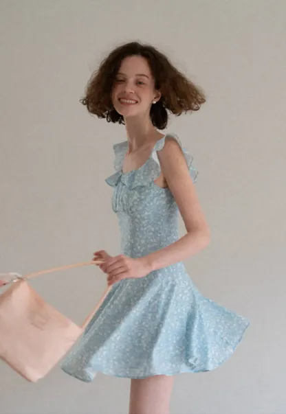 Floral Print Square Neck Ruffled Sleeve A Line Dress