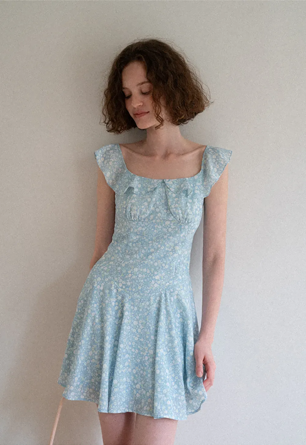 Floral Print Square Neck Ruffled Sleeve A Line Dress