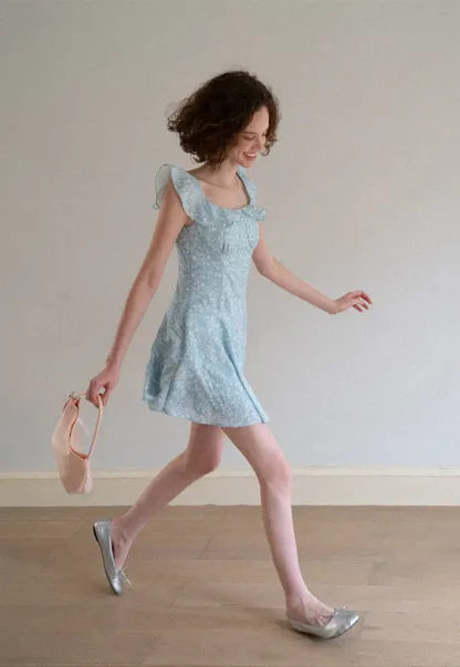 Floral Print Square Neck Ruffled Sleeve A Line Dress