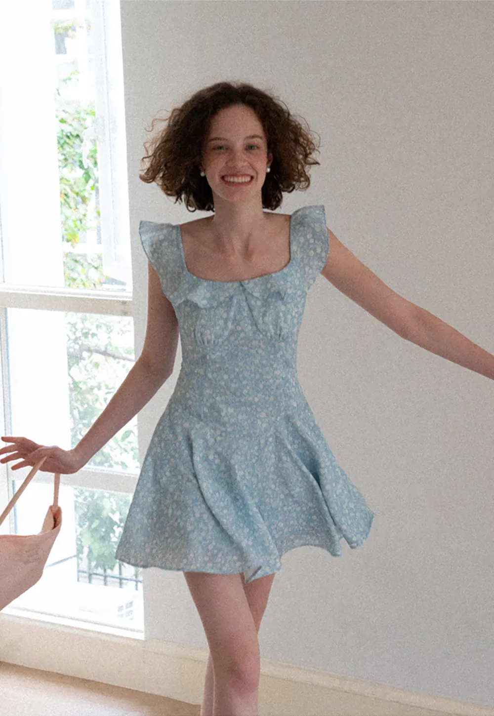 Floral Print Square Neck Ruffled Sleeve A Line Dress