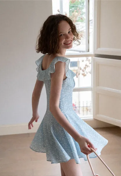 Floral Print Square Neck Ruffled Sleeve A Line Dress