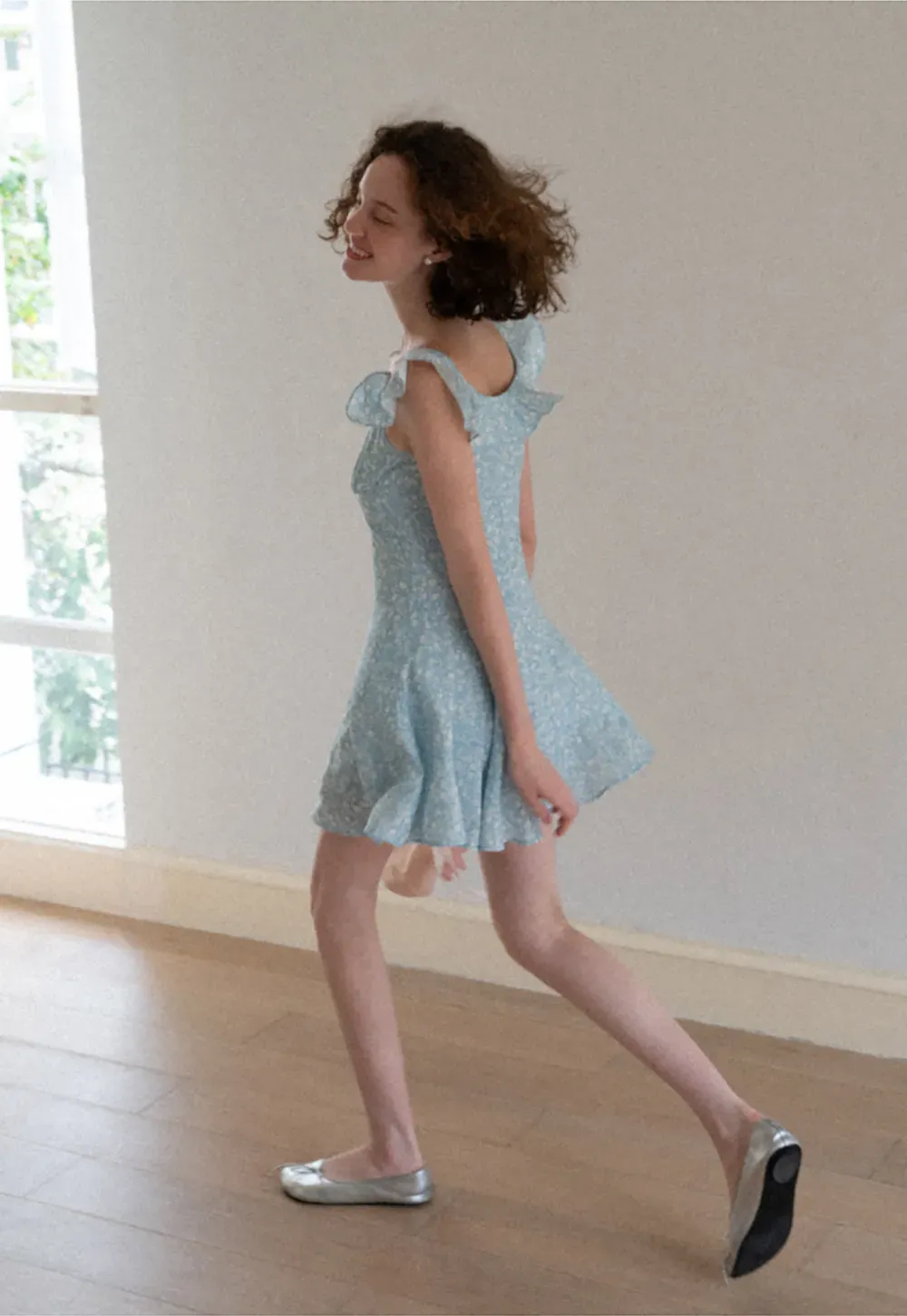 Floral Print Square Neck Ruffled Sleeve A Line Dress