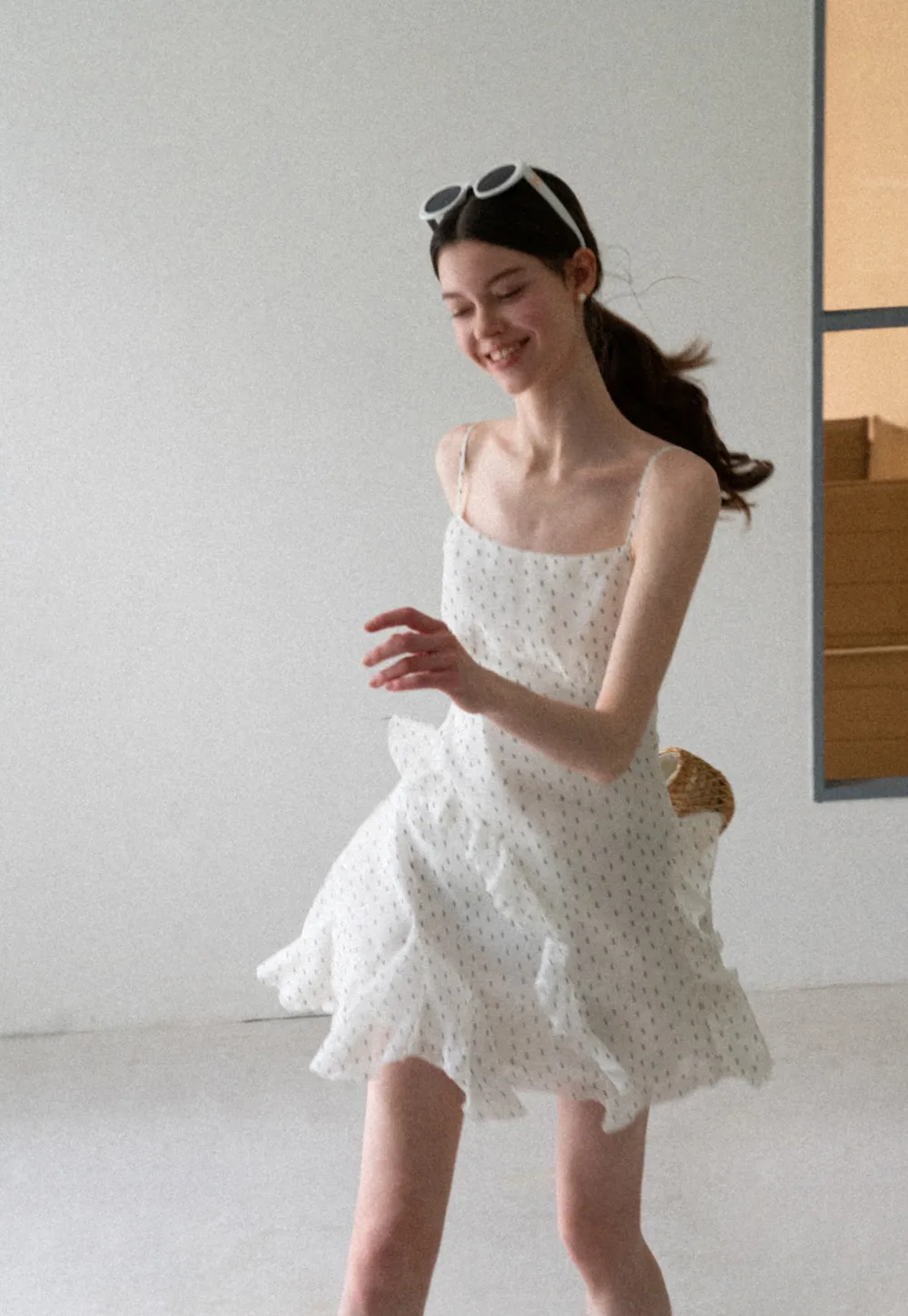 Polka Dot Print Ruffled Sleeveless Dress