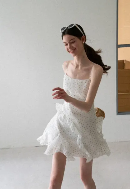 Polka Dot Print Ruffled Sleeveless Dress