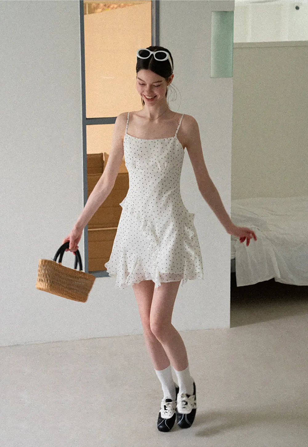 Polka Dot Print Ruffled Sleeveless Dress