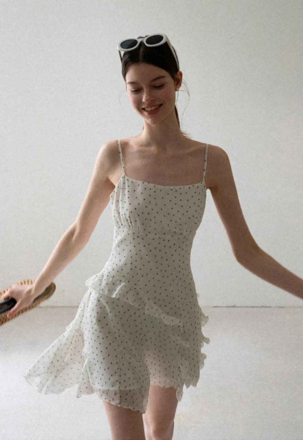 Polka Dot Print Ruffled Sleeveless Dress