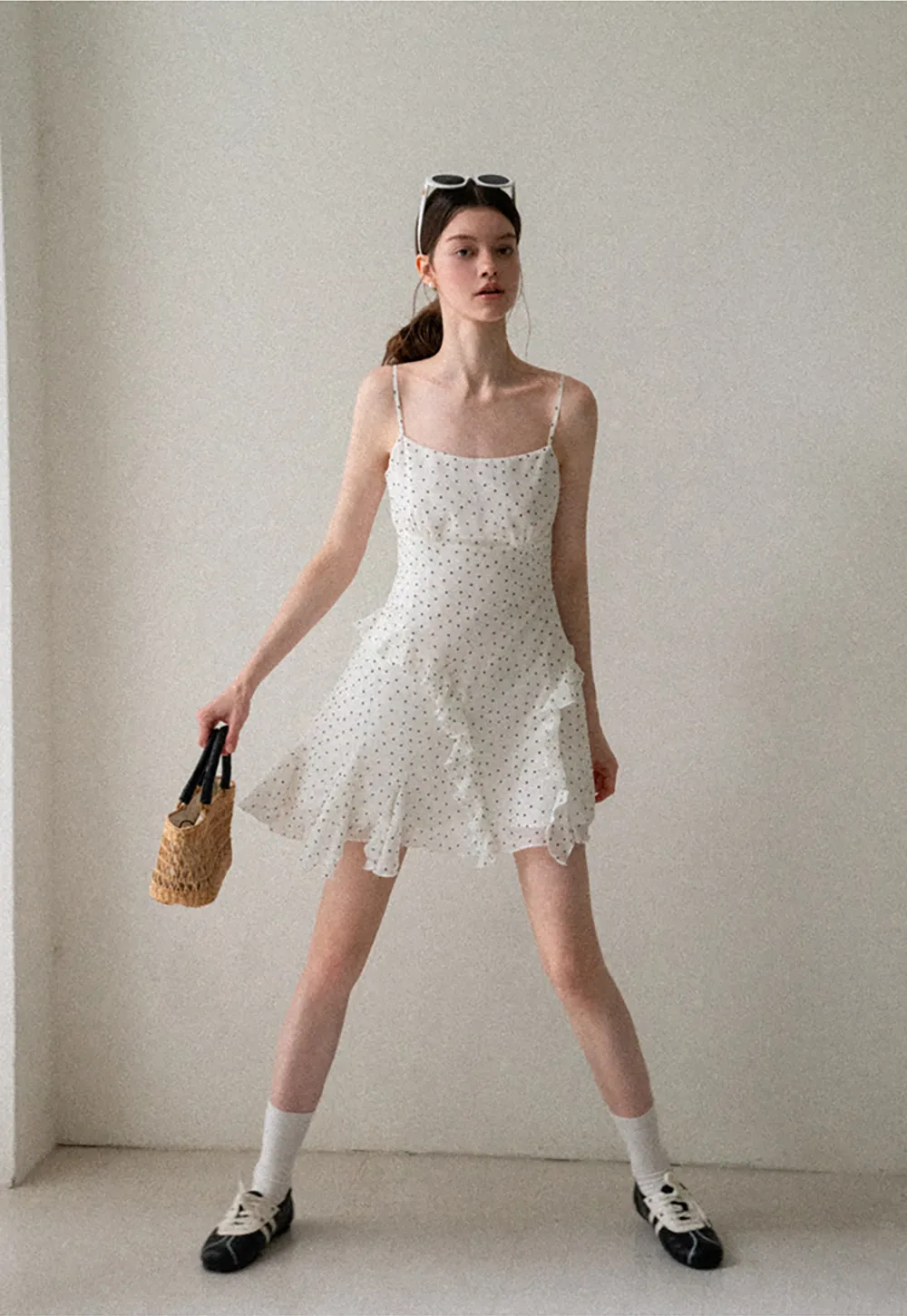 Polka Dot Print Ruffled Sleeveless Dress