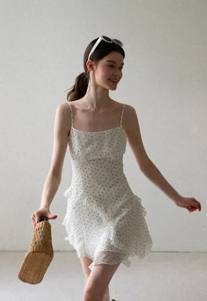 Polka Dot Print Ruffled Sleeveless Dress