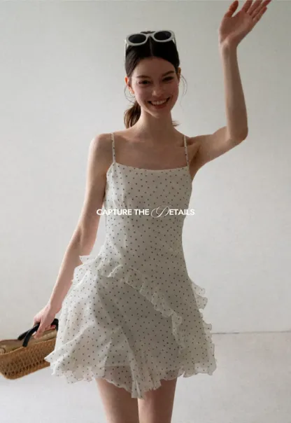 Polka Dot Print Ruffled Sleeveless Dress