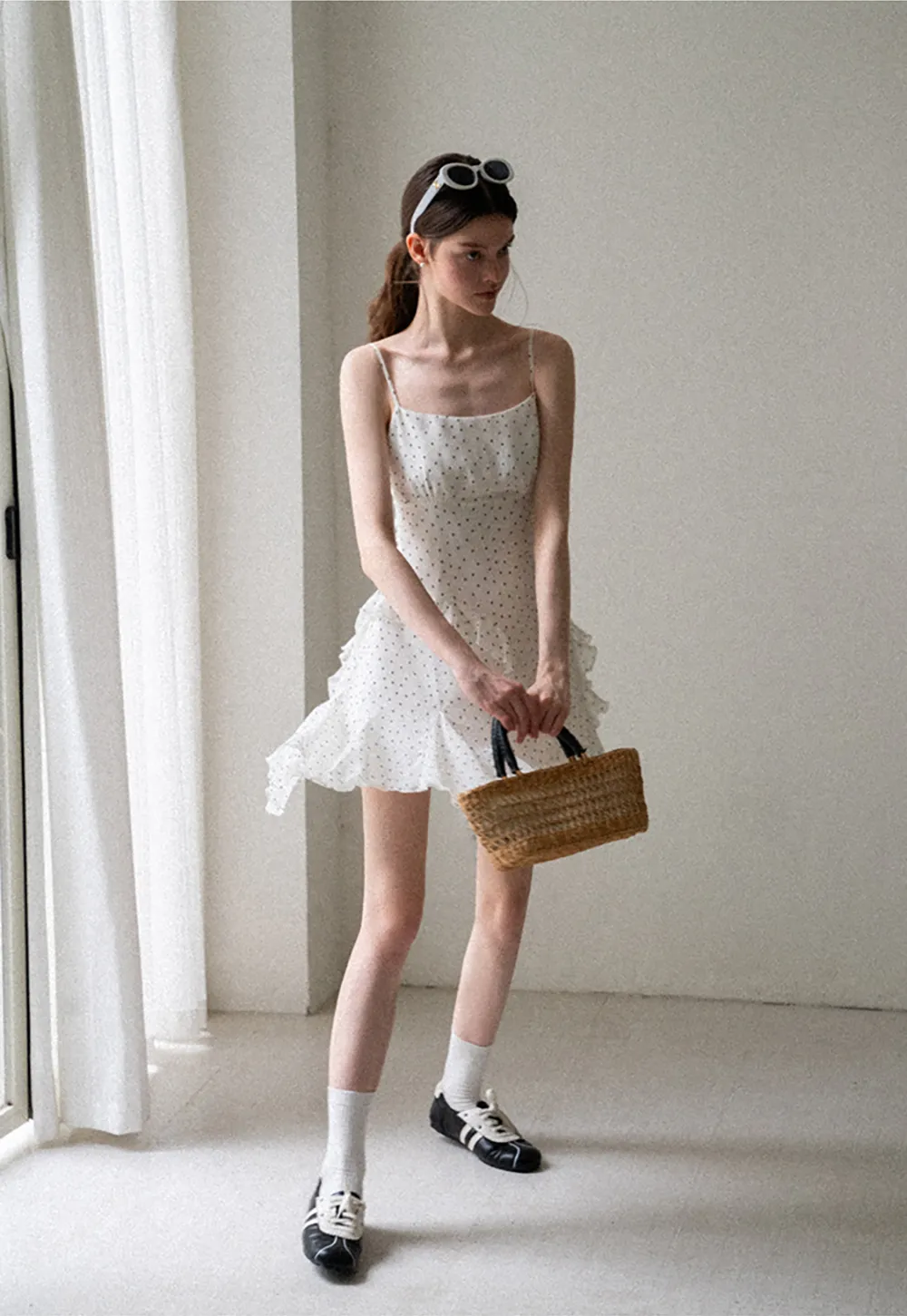 Polka Dot Print Ruffled Sleeveless Dress