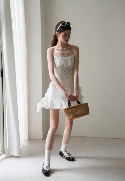 Polka Dot Print Ruffled Sleeveless Dress
