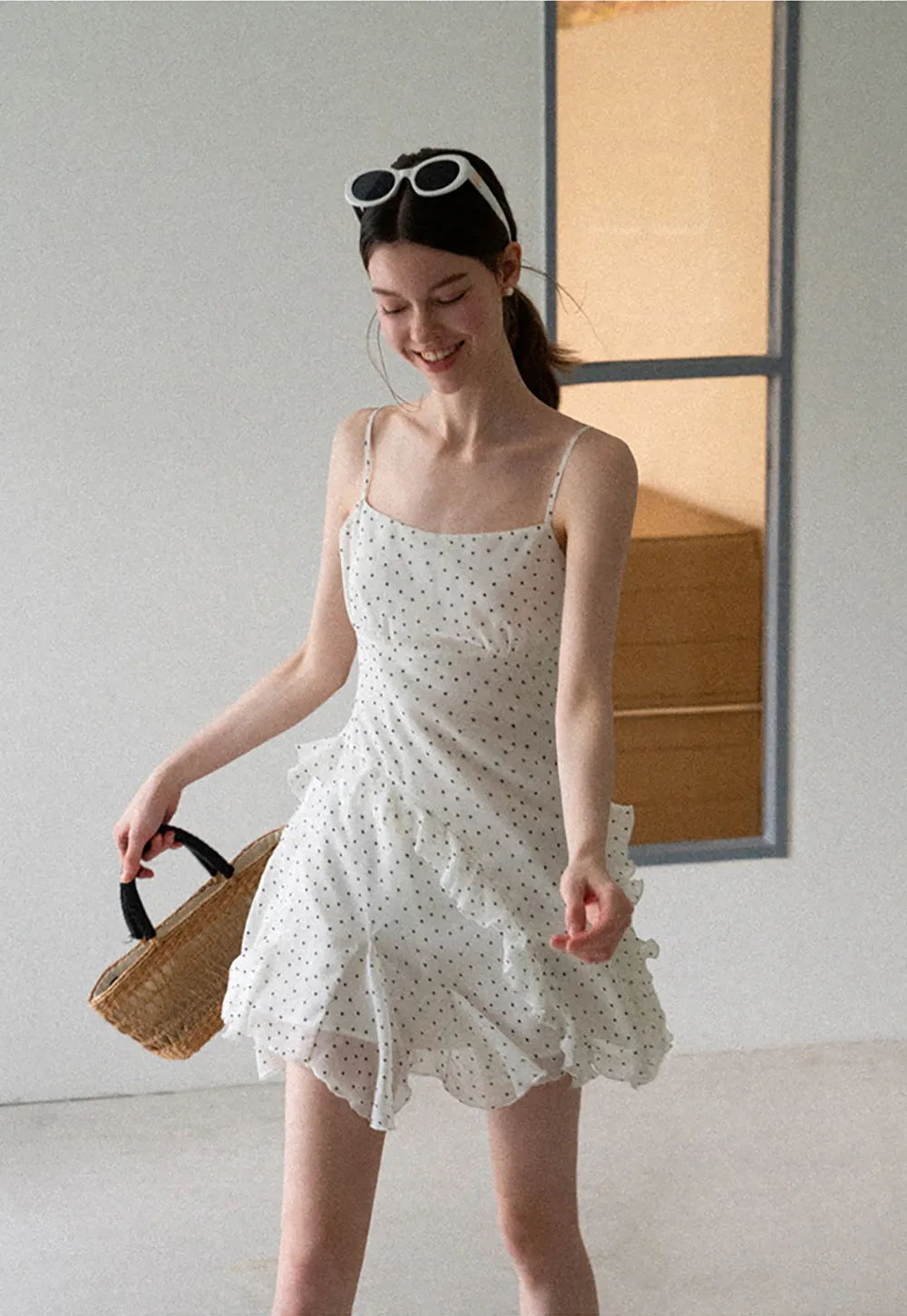 Polka Dot Print Ruffled Sleeveless Dress