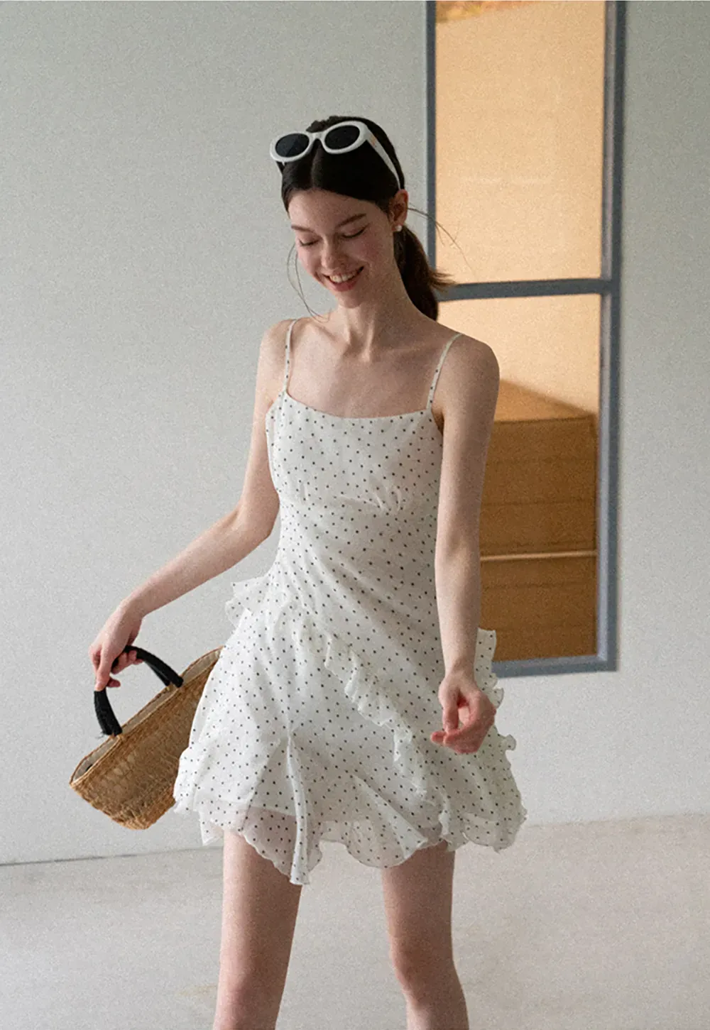 Polka Dot Print Ruffled Sleeveless Dress