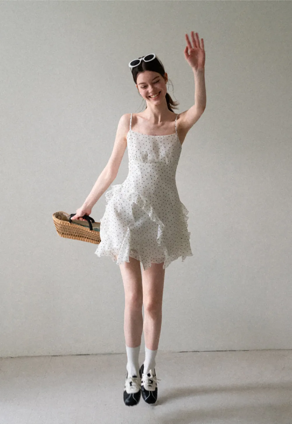 Polka Dot Print Ruffled Sleeveless Dress