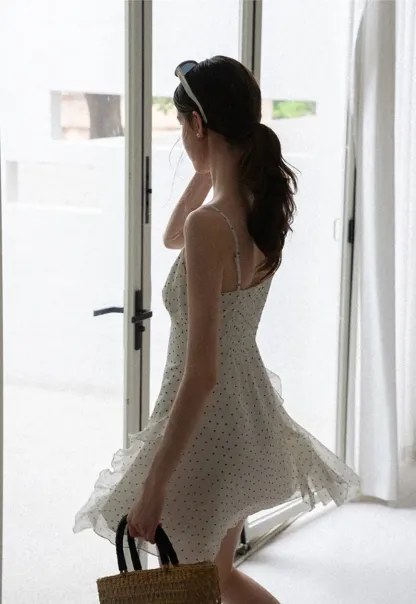 Polka Dot Print Ruffled Sleeveless Dress