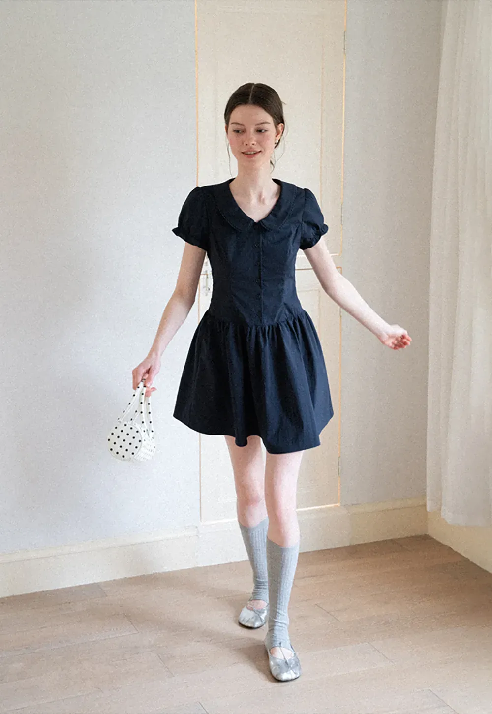 Puffed Sleeve Button Front Flared Dress