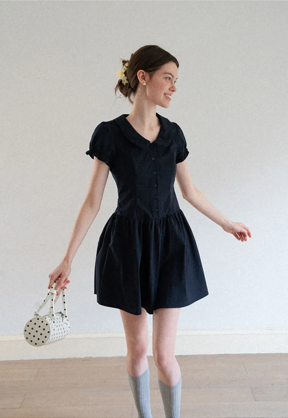 Puffed Sleeve Button Front Flared Dress