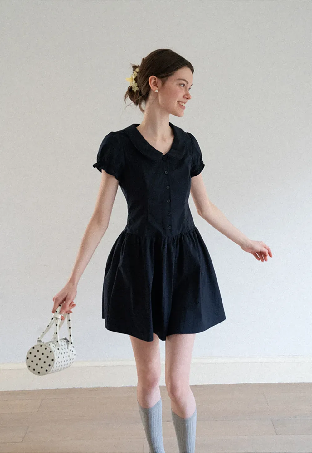 Puffed Sleeve Button Front Flared Dress
