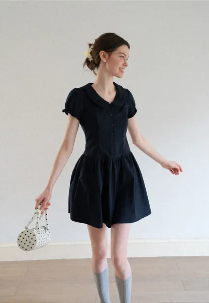 Puffed Sleeve Button Front Flared Dress