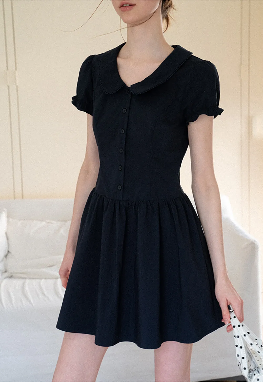 Puffed Sleeve Button Front Flared Dress
