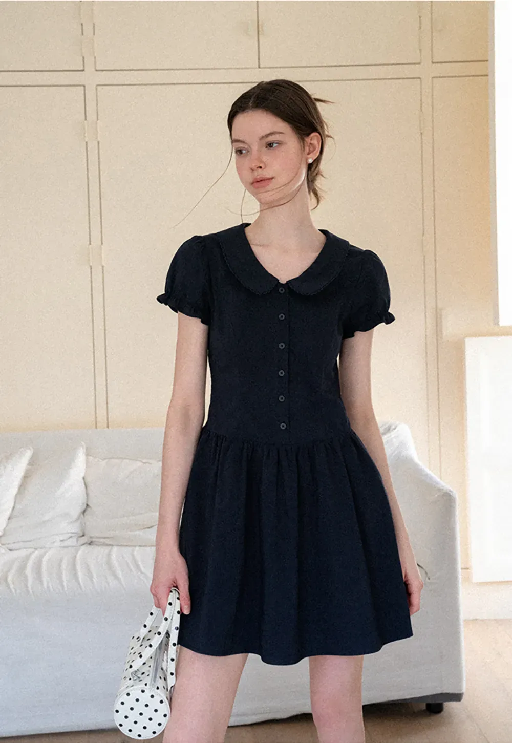 Puffed Sleeve Button Front Flared Dress