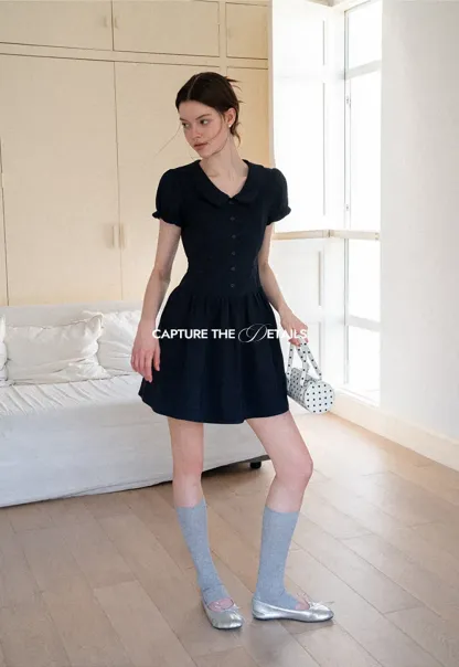 Puffed Sleeve Button Front Flared Dress