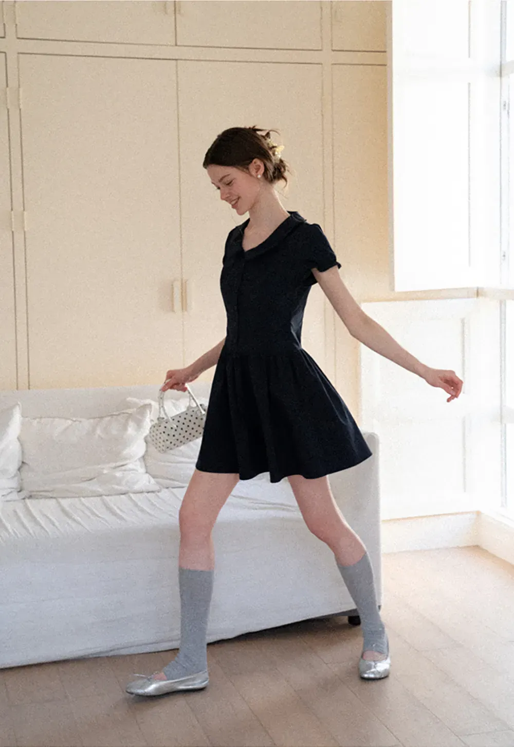Puffed Sleeve Button Front Flared Dress