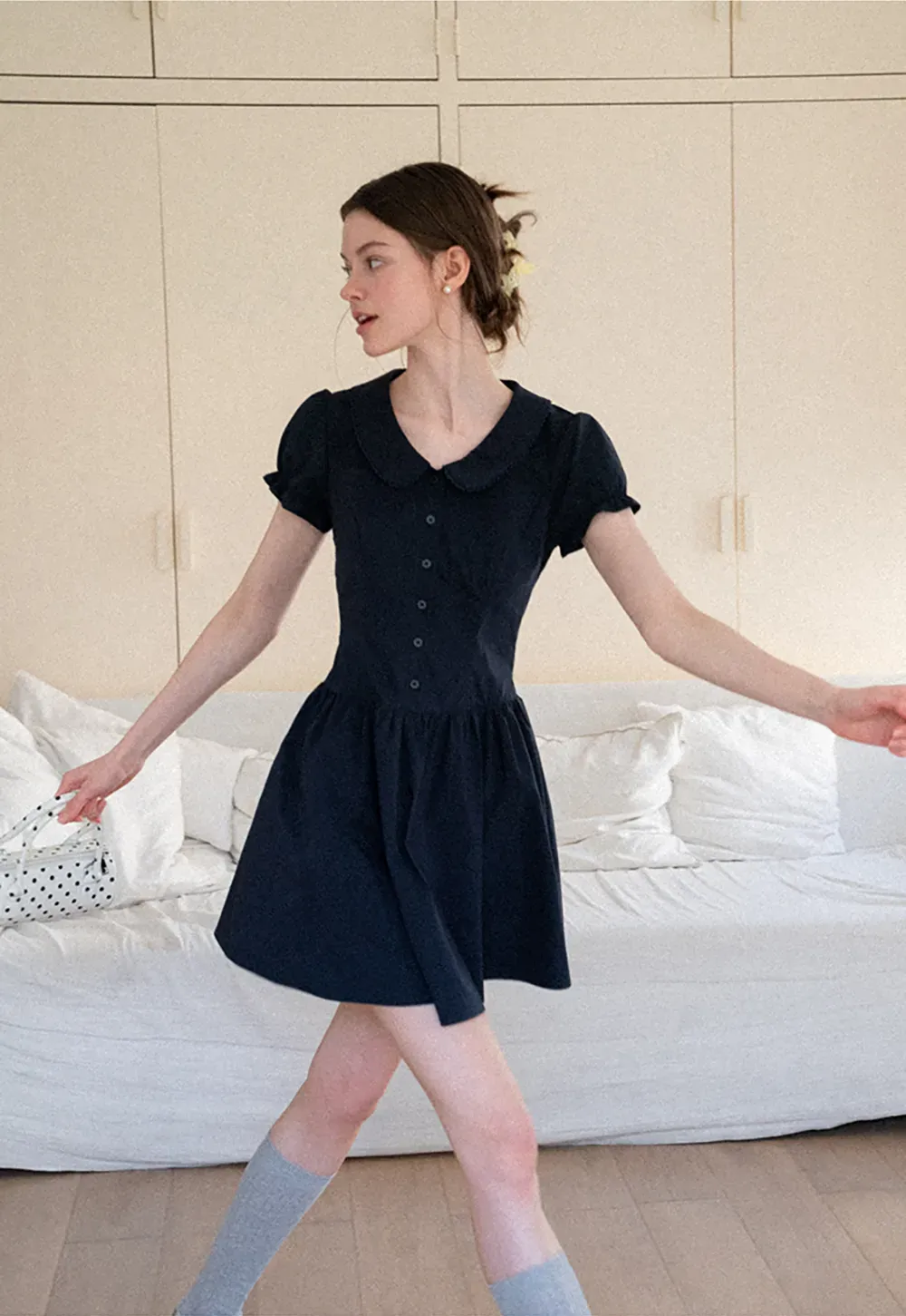 Puffed Sleeve Button Front Flared Dress