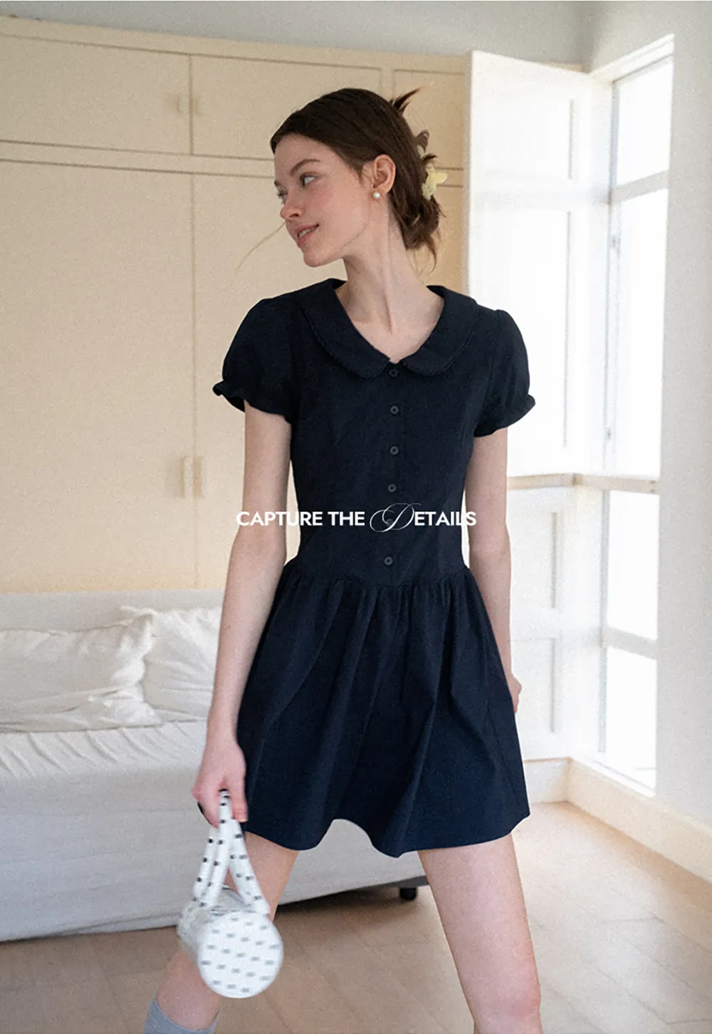 Puffed Sleeve Button Front Flared Dress