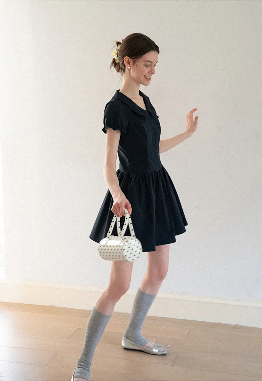 Puffed Sleeve Button Front Flared Dress