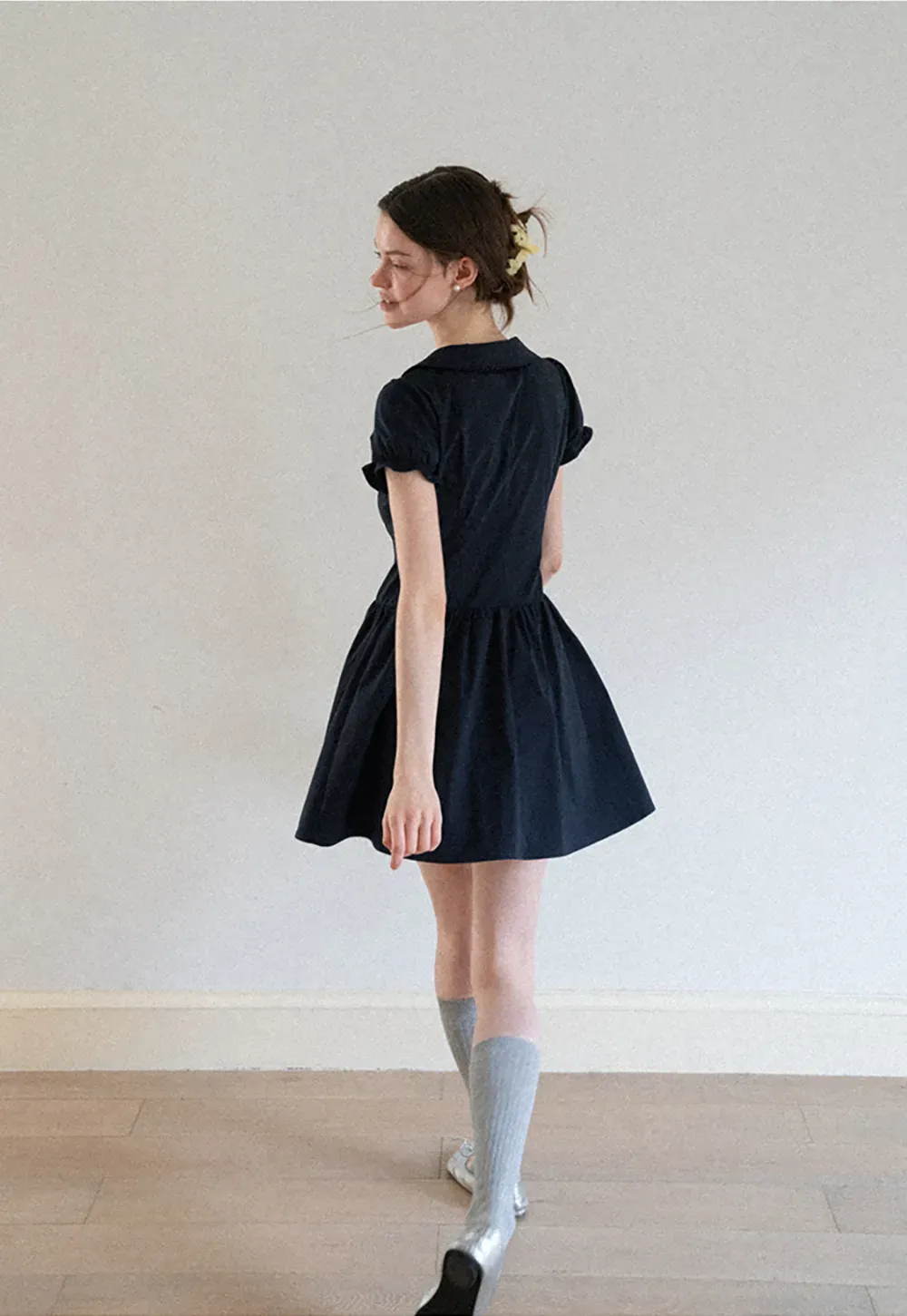 Puffed Sleeve Button Front Flared Dress