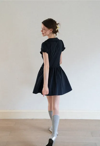 Puffed Sleeve Button Front Flared Dress