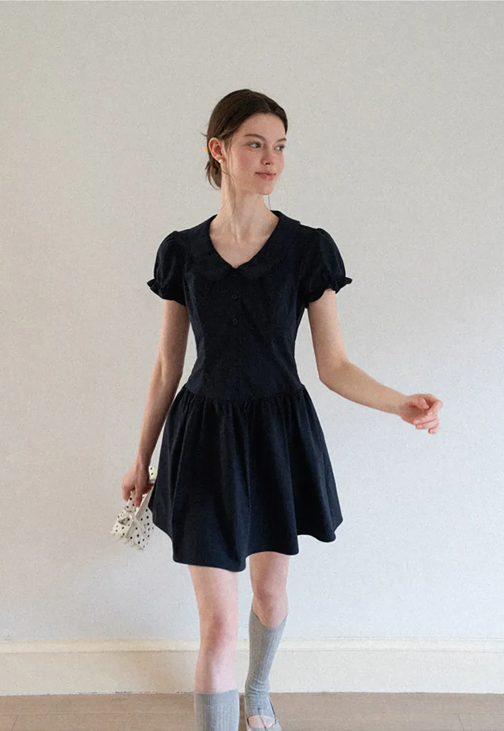 Puffed Sleeve Button Front Flared Dress