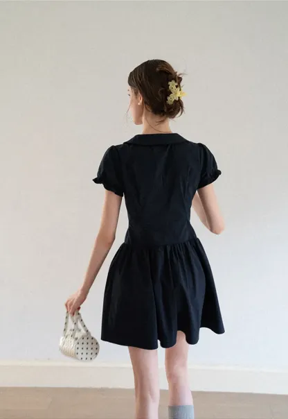 Puffed Sleeve Button Front Flared Dress