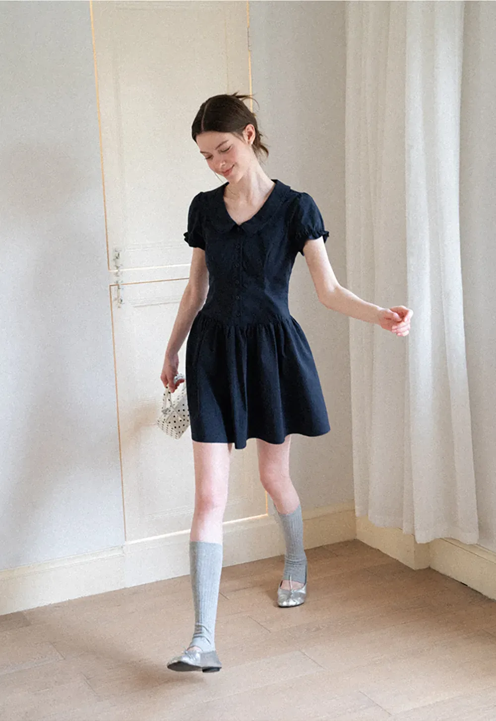 Puffed Sleeve Button Front Flared Dress