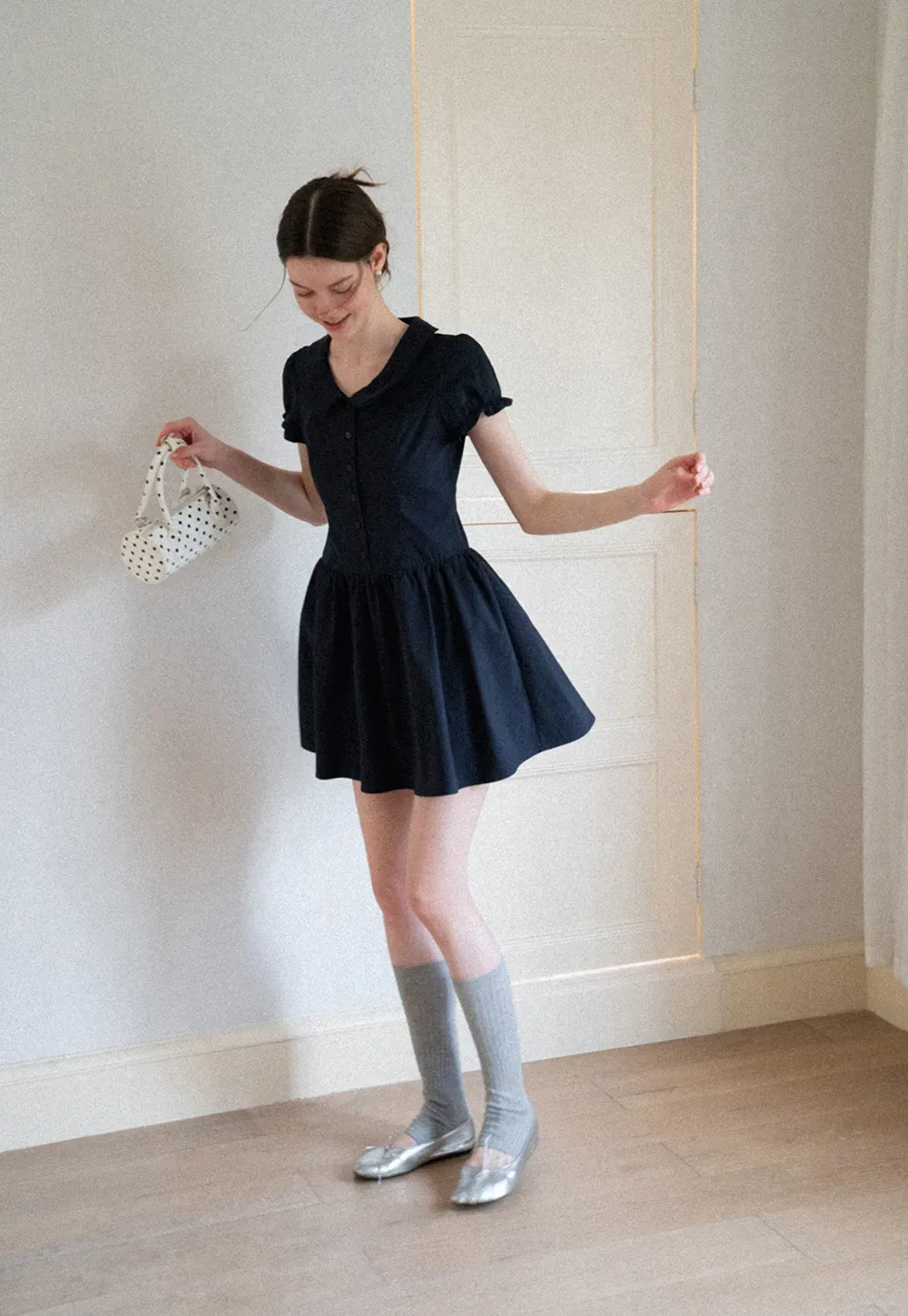 Puffed Sleeve Button Front Flared Dress