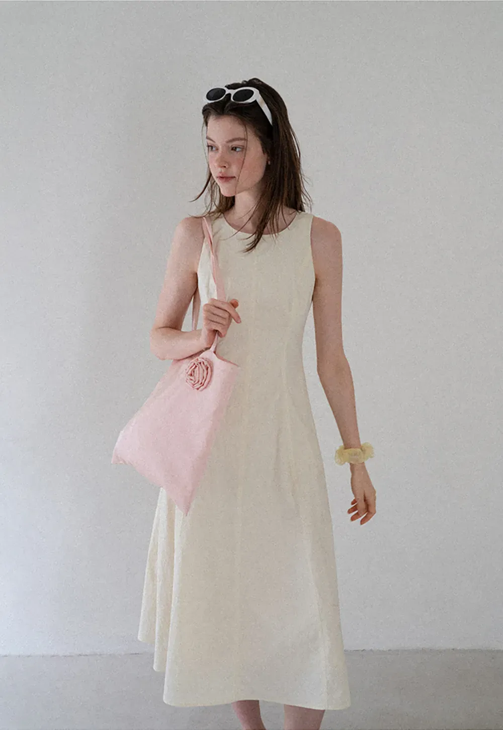 Sleeveless A-Line Midi Dress with Structured Bodice
