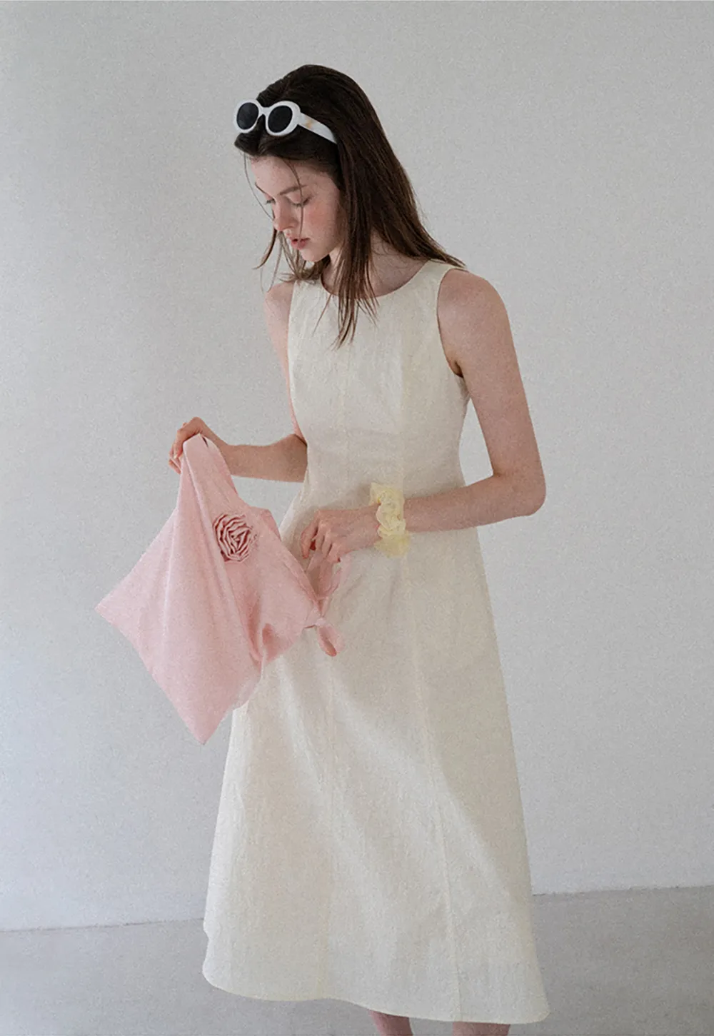 Sleeveless A-Line Midi Dress with Structured Bodice