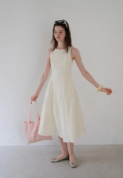 Sleeveless A-Line Midi Dress with Structured Bodice