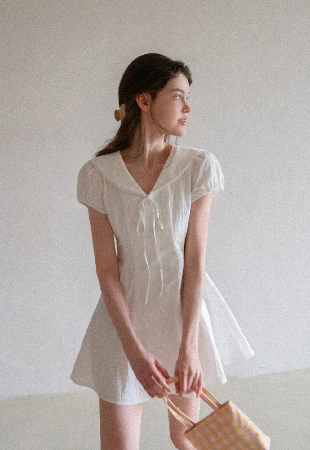 Puff Sleeve Collar Tie Front Dress