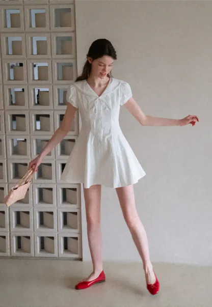 Puff Sleeve Collar Tie Front Dress