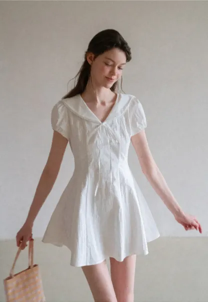 Puff Sleeve Collar Tie Front Dress