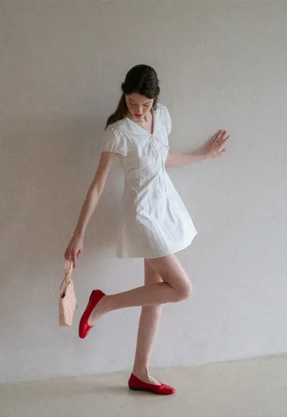 Puff Sleeve Collar Tie Front Dress