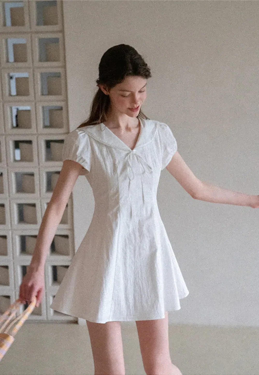 Puff Sleeve Collar Tie Front Dress